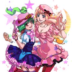  2girls ai-kun beret blonde_hair blue_eyes bracelet breasts cero_(cerocero) cleavage commentary_request cosplay costume_switch cowboy_hat dress earrings flower food green_hair gun handgun hat heart holster jewelry long_hair macross macross_frontier macross_frontier:_itsuwari_no_utahime medium_breasts multiple_girls necklace oerba_yun_fang open_mouth pantyhose pink_skirt purple_legwear ranka_lee ranka_lee_(cosplay) red_eyes red_flower red_legwear red_rose rose sheryl_nome sheryl_nome_(cosplay) short_dress short_hair single_earring skirt small_breasts smile taiyaki thighhighs wagashi weapon zettai_ryouiki 