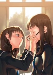  2girls backlighting blunt_bangs brown_eyes brown_hair closed_eyes commentary_request glasses hands multiple_girls musha_sabu original photoshop_(medium) profile school_uniform serafuku snowing sunlight window 