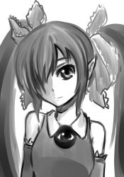  backbeako_(torotei) backbeard bare_shoulders commentary_request detached_sleeves dress elbow_gloves female flat_chest gegege_no_kitarou gloves greyscale hair_over_one_eye hair_ribbon long_hair monochrome original pas_(paxiti) photoshop_(medium) pointy_ears ribbon sleeveless sleeveless_dress solo twintails upper_body 