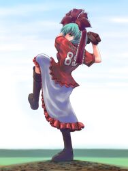  adapted_costume aoki_chibe aqua_eyes aqua_hair baseball baseball_mitt boots commentary_request day female frills highres kagiyama_hina knee_boots pitching pitching_mound skirt sky solo standing standing_on_one_leg touhou 