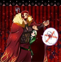  1boy armor bad_id bad_pixiv_id beard bob_cut cape facial_hair fate/zero fate_(series) female genderswap_(mtf) ghost green_hair halloween iskandar_(fate) jeran_(ggokd) photoshop_(medium) pleated_skirt red_eyes red_hair rule_63 short_hair skirt speech_bubble tears thighhighs waver_velvet 