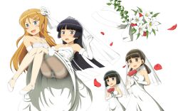  4girls aqua_eyes bare_shoulders black_hair blue_eyes blush bridal_veil bride brown_hair carrying commentary_request crotch_seam dress elbow_gloves flower gloves gokou_hinata gokou_ruri gokou_tamaki hair_ornament hairband highres hiraizumi_(mugenkidousha) holding kousaka_kirino lily_(flower) long_hair multiple_girls oerba_yun_fang open_mouth ore_no_imouto_ga_konna_ni_kawaii_wake_ga_nai panties panties_under_pantyhose pantyhose petals princess_carry purple_eyes red_flower short_hair siblings sisters sweat thighband_pantyhose underwear veil wedding_dress white_panties white_pantyhose wife_and_wife yuri 