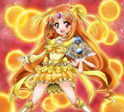  1041_(toshikazu) boots bow brooch choker circlet commentary_request cure_muse_(yellow) dress female frills hair_ribbon heart jewelry long_hair magical_girl orange_hair photoshop_(medium) precure red_eyes ribbon shirabe_ako smile solo suite_precure 