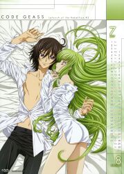  1boy absurdres ass august bed_sheet black_hair bottomless c.c. calendar_(medium) code_geass couple dress_shirt female green_hair highres july lelouch_vi_britannia long_hair lying naked_shirt navel no_panties official_art on_back open_clothes open_shirt purple_eyes sakou_yukie shirt straight yellow_eyes 