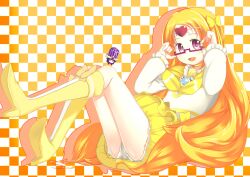  adjusting_eyewear bespectacled blonde_hair boots bow brooch bubble_skirt checkered_background choker circlet commentary_request cure_muse_(yellow) dodory female frills gathers gigokku glasses hairbow heart highres jewelry knee_boots long_hair magical_girl open_mouth panties precure red-framed_eyewear red_eyes shirabe_ako skirt smile solo suite_precure underwear very_long_hair yellow_choker yellow_skirt yellow_theme 