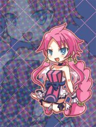  argyle_background blue_eyes braid bright_pupils chibi commentary_request disgaea female full_body hair_tubes jumping long_hair lowres makai_senki_disgaea_4 mizuki_(x_chocola_x) pink_hair shoes short_shorts shorts sidelocks smile solo tabard vulcanus_(disgaea_4) wrist_cuffs zoom_layer 