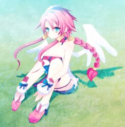  angel_wings bare_legs blue_eyes braid breasts cleavage commentary_request disgaea female full_body grass hair_tubes long_hair makai_senki_disgaea_4 medium_breasts milano pink_hair shoes sidelocks sitting solo vulcanus_(disgaea_4) wings wrist_cuffs 