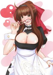  ahoge apron blush bow breasts brown_eyes brown_hair cleavage cleavage_cutout clothing_cutout commentary_request female glasses hairband hairbow heart highres large_breasts long_hair miyabi_(miura105) original red-framed_eyewear smile solo wrist_cuffs 