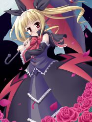  bare_shoulders black_umbrella blazblue blonde_hair blush bow commentary_request detached_sleeves dress female flower long_hair nago petals rachel_alucard red_bow red_eyes red_flower red_rose ribbon rose rose_petals solo twintails umbrella wizard_erk 