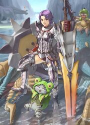  ! armor commentary_request deviljho drooling earrings fangs felyne female grin happy huge_weapon jewelry monster_hunter_(character) monster_hunter_(series) monster_hunter_portable_3rd open_mouth pointing purple_eyes purple_hair rathalos_(armor) shield short_hair silver_rathalos_(armor) smile sword tantaka thighhighs wading water weapon zinogre 