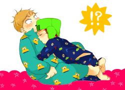  barefoot bed blue_eyes blush brown_hair chubby closed_eyes earflap_hat eric_cartman hug kyle_broflovski open_mouth pajamas plump red_hair shocked simple_background south_park surprised sweat yaoi 