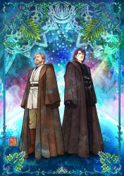  2boys anakin_skywalker beard boots brown_hair cloak closed_eyes commentary_request facial_hair gloves jedi multiple_boys obi-wan_kenobi photoshop_(medium) scar shibaura star_wars star_wars:_revenge_of_the_sith 