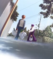  1boy coat emiya_shirou fate/stay_night fate_(series) female from_behind game_cg groceries hat illyasviel_von_einzbern outdoors purple_hat raglan_sleeves red_hair takeuchi_takashi white_hair 