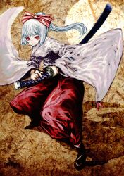  akasia alternate_costume alternate_hairstyle commentary_request female fighting_stance fujiwara_no_mokou hair_ribbon japanese_clothes katana long_sleeves pants ponytail red_eyes ribbon scabbard sheath sheathed shirt solo sword touhou weapon white_hair 