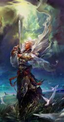  1882j 1boy bird chinese_clothes commentary_request highres holding holding_sword holding_weapon jian_(weapon) jiang_wei left-handed male_focus photoshop_(medium) romance_of_the_three_kingdoms solo sword weapon white_hair 