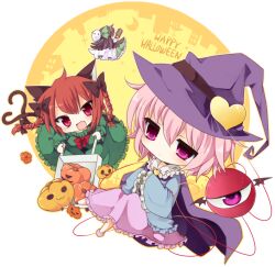  3girls :3 alternate_headwear animal_ears arm_cannon bad_id bad_pixiv_id bat_wings black_hair black_wings blush bow braid brown_hair cape cat_ears cat_tail character_mask chibi commentary_request dress english_text friday_the_13th green_dress hair_ribbon hairbow halloween happy_halloween hat heart heart_tail hockey_mask jack-o&#039;-lantern jason_voorhees kaenbyou_rin komeiji_satori long_hair mask multiple_girls multiple_tails nekomata oerba_yun_fang open_mouth partial_commentary pink_eyes pink_hair pumpkin purple_eyes red_eyes red_hair reiuji_utsuho ribbon shirt short_hair simple_background skirt smile tail third_eye touhou twin_braids weapon wheelbarrow wings witch_hat yukimiya_(parupunta) 