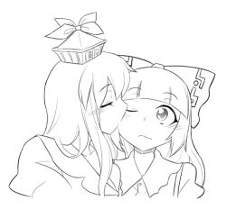  2girls bow commentary_request fujiwara_no_mokou greyscale hairbow hat kamishirasawa_keine kissing kissing_cheek lowres monochrome multicolored_hair multiple_girls photoshop_(medium) touhou yoekosukii yuri 