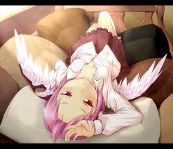  animal_ears ayagi_daifuku breasts cleavage commentary_request dress_shirt female forehead letterboxed lying mystia_lorelei no_bra no_headwear on_back open_clothes open_shirt pillow pink_hair red_eyes shirt short_hair skirt small_breasts solo touhou upside-down wings 