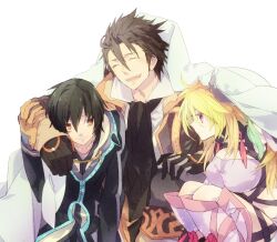  2boys alvin_(tales) bed_sheet black_hair blonde_hair brown_hair commentary_request emonak female gloves highres hug jude_mathis milla_maxwell multiple_boys purple_eyes scarf smile tales_of_(series) tales_of_xillia yellow_eyes 