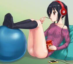  ball beats_by_dr._dre black_hair black_socks bottomless breasts brown_eyes cellphone commentary_request covered_nipples exercise_ball feet female food headphones highres iphone k-on! legs long_hair nakano_azusa no_bra off_shoulder phone pillow pocky product_placement rasukaru ribbed_sweater small_breasts smartphone socks solo sweater 