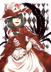  alternate_costume alternate_headwear breasts cleavage commentary_request dress female front_ponytail gown green_eyes green_hair hair_ribbon hat hat_feather hat_ribbon kagiyama_hina multicolored_clothes multicolored_dress open_mouth picture_hat red_dress ribbon rococo_movement small_breasts smile solo touhou urita_(vivivinicol) white_dress 