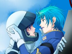  1boy bad_id bad_pixiv_id blue_eyes blue_hair blue_theme cockpit couple eye_contact female four_murasame gloves gundam helmet imminent_kiss kamille_bidan kissing lipstick looking_at_another makeup mots open_mouth pilot pilot_suit profile purple_lips short_hair sky straight upper_body white_gloves zeta_gundam 