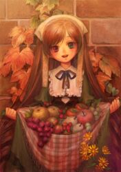  apple bad_id bad_pixiv_id blush brown_hair female flower food fruit grapes heterochromia long_hair miya_(hooooo) open_mouth pear persimmon photoshop_(medium) rozen_maiden skirt skirt_basket solo suiseiseki 