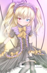  black_thighhighs blonde_hair blue_eyes blush boku_wa_tomodachi_ga_sukunai bow commentary_request detached_sleeves dress female hairband halloween hasegawa_kobato heterochromia highres lolita_hairband long_hair looking_at_viewer red_eyes smile solo thighhighs two_side_up wingheart 