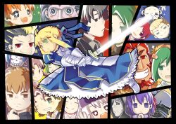  6+boys 6+girls armor artoria_pendragon_(fate) assassin_(fate/zero) berserker_(fate/zero) chibi commentary_request diarmuid_ua_duibhne_(lancer)_(fate) disgaea emiya_kiritsugu everyone excalibur_(fate/stay_night) fate/zero fate_(series) gilgamesh_(fate) gilles_de_rais_(caster)_(fate) hisau_maiya illyasviel_von_einzbern irisviel_von_einzbern iskandar_(fate) kayneth_el-melloi_archibald kotomine_kirei luo. matou_kariya matou_sakura multiple_boys multiple_girls parody saber_(fate) sola-ui_nuada-re_sophia-ri sword tohsaka_aoi tohsaka_rin tohsaka_tokiomi uryuu_ryuunosuke waver_velvet weapon yellow_eyes 