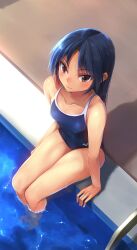  arena_(company) bad_id bad_pixiv_id blue_hair competition_school_swimsuit female from_above highres idolmaster idolmaster_(classic) kisaragi_chihaya long_hair looking_at_viewer looking_up one-piece_swimsuit pool pool_ladder poolside red_eyes school_swimsuit sitting soaking_feet solo swimsuit water wet yuki_usagi_(mofurafu) 