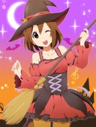  alternate_costume broom broom_guitar brown_eyes brown_hair collarbone commentary_request crescent_moon female halloween hat hirasawa_yui holding holding_broom k-on! kakiuchi_itsuki moon musical_note official_style one_eye_closed open_mouth round_teeth solo teeth unconventional_guitar witch_hat 