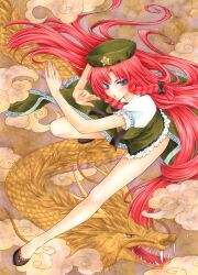  aoi_yuuka_(ao_no_kokoro) bare_legs beret blue_eyes blush braid chinese_clothes cloud colored_pencil_(medium) commentary_request curly_hair dragon eastern_dragon female fighting_stance hair_ribbon hat hong_meiling horns legs long_hair long_legs marker_(medium) open_mouth red_hair ribbon sharp_teeth side_slit solo star_(symbol) teeth touhou traditional_media twin_braids very_long_hair whorled_clouds 