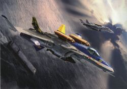  2boys absurdres aircraft airplane canards cloud daedalus fighter_jet flying gunpod highres jet macross macross_zero military military_vehicle missile multiple_boys non-web_source ocean realistic scan science_fiction ship tenjin_hidetaka u.n._spacy variable_fighter vehicle_focus vf-0 vf-0d watercraft 