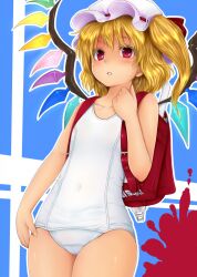  backpack bag bare_shoulders blonde_hair blush chikado colored_eyelashes commentary_request female flandre_scarlet hat one-piece_swimsuit randoseru red_eyes ruler school_swimsuit side_ponytail solo swimsuit touhou white_one-piece_swimsuit wings 