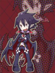  1boy argyle_background black_hair cape chibi choker commentary_request crossed_arms disgaea formal full_body lowres makai_senki_disgaea_4 male_focus mizuki_(x_chocola_x) pale_skin pointy_ears red_eyes shoes smile solo suit valvatorez_(disgaea) vampire zoom_layer 