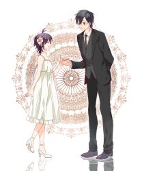  1boy antenna_hair black_hair commentary_request couple dress female flower hair_flower hair_ornament height_difference idolmaster idolmaster_(classic) kikuchi_makoto machi_(machiruda) necktie photoshop_(medium) producer_(idolmaster) producer_(idolmaster_anime) short_hair smile straight 