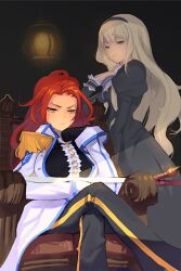  2girls artist_request blonde_hair breasts coat crossed_legs dress epaulettes gloves hairband jaina_preventer large_breasts linia_pacifica long_hair lowres military military_uniform multiple_girls pants photoshop_(medium) red_hair sitting striped sword_girls uniform yellow_eyes 