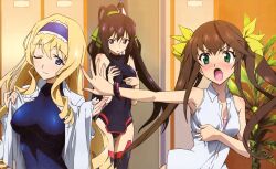  3girls :o ;) absurdres adjusting_clothes angry armpits ass_visible_through_thighs bare_shoulders black_hair black_leotard black_thighhighs blonde_hair blue_eyes blue_hairband blue_leotard blush bracelet breast_envy breasts brown_hair cecilia_alcott closed_mouth collared_shirt covered_navel covering_breasts covering_privates cowboy_shot dengeki_g&#039;s detexted dress_shirt dressing drill_hair embarrassed green_eyes green_ribbons hair_between_eyes hair_ribbon hairband halterneck high_ponytail highres huang_lingyin impossible_clothes impossible_leotard indoors infinite_stratos ishii_yumiko jewelry lace legs_together leotard leotard_under_clothes light_smile locker locker_room long_hair long_sleeves looking_at_viewer looking_down medium_breasts multiple_girls nose_blush oerba_yun_fang official_art one_eye_closed open_clothes open_mouth open_shirt outstretched_arm parted_lips pelvic_curtain pilot_suit pinky_out plant ponytail purple_eyes ribbon scan shinonono_houki shirt sidelocks skin_tight sleeveless sleeveless_shirt small_breasts smile split_ponytail standing straight_hair thigh_gap thighhighs third-party_edit turtleneck twintails upper_body v-shaped_eyebrows very_long_hair white_shirt yellow_ribbon 