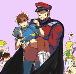  2girls 4boys anger_vein balrog blonde_hair brown_hair bun_cover cammy_white capcom cape carrying chun-li double_bun female guile hat headband heart lowres mask multiple_boys multiple_girls peaked_cap princess_carry ryuu_(street_fighter) simple_background spoken_heart street_fighter vega white_shoes 