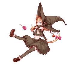  animal_ears bare_shoulders black_thighhighs blonde_hair blush bow candy cat_ears commentary_request detached_sleeves female food green_eyes grin halloween hand_on_headwear hat jack-o&#039;-lantern junwool lollipop midriff navel original pumpkin sarashi skirt smile solo tail thighhighs witch_hat 