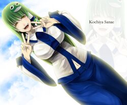  :d bare_shoulders blush breasts character_name cloud commentary_request detached_sleeves double_v dutch_angle female frog green_hair hair_ornament hair_tubes impossible_clothes impossible_shirt kochiya_sanae large_breasts long_hair mine_(wizard) navel open_mouth photoshop_(medium) shirt skirt sky smile snake solo touhou troll_face v very_long_hair wide_sleeves yellow_eyes zoom_layer 