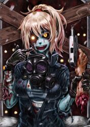  bandages black_sclera blonde_hair blood blue_skin call_of_duty call_of_duty:_black_ops colored_sclera colored_skin commentary_request evil_smile female gas_mask gloves glowing glowing_eyes gun guro handgun highres locked_slide mask monster_girl open_mouth ponytail severed_hand smile smoke smoking_barrel solo tony_(chikaku_kabin) watch weapon yellow_eyes zombie 