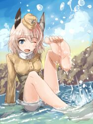  bad_id barefoot bird_girl blonde_hair blue_eyes feet female hat head_wings hi-ho- military military_uniform one_eye_closed open_mouth panties photoshop_(medium) raisa_pottgen short_hair sitting smile soles solo splashing toes underwear uniform water wet wet_clothes wings witches_of_africa world_witches_series 