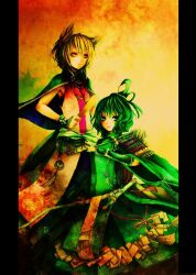  2girls alternate_costume arrow_(projectile) blonde_hair commentary_request green_eyes green_hair highres kido_(choushouya) multiple_girls pillarboxed short_hair soga_no_tojiko touhou toyosatomimi_no_miko yellow_eyes 