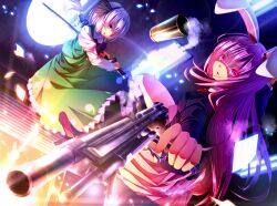  2girls animal_ears blue_eyes bob_cut casing_ejection commentary_request dress fighting_stance firing fluorescent_lamp foreshortening gangsta_hold gun hairband handgun holding holding_gun holding_weapon konpaku_youmu multiple_girls petals pink_eyes purple_hair rabbit_ears ready_to_draw reisen_udongein_inaba ryosios shell_casing short_hair smoke sword touhou weapon white_hair 