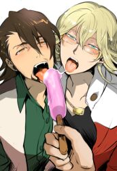  2boys barnaby_brooks_jr. blonde_hair brown_hair commentary_request food glasses kaburagi_t._kotetsu multiple_boys open_mouth popsicle pov saliva saliva_trail sexually_suggestive tiger_&amp;_bunny tongue tori_(driftwood) 