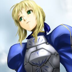  ahoge ajino_(sakanahen) armor artoria_pendragon_(fate) blonde_hair commentary_request dress fate/stay_night fate_(series) female green_eyes hair_ribbon perspective puffy_sleeves ribbon saber_(fate) solo 