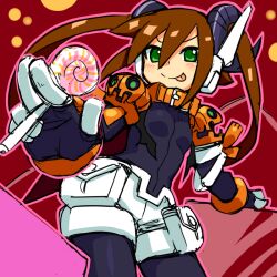  :p aile_(mega_man_zx) alternate_costume bodysuit brown_hair candy commentary_request female food gloves green_eyes halloween horns jack-o&#039;-lantern lollipop mega_man_(series) mega_man_zx mega_man_zx_advent pumpkin shigehiro_(hiroi_heya) solo tongue tongue_out twintails 