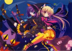  animal_ears broom cat_ears copyright_request dress halloween hat highres kokonobi nanao_naru thighhighs witch witch_hat 