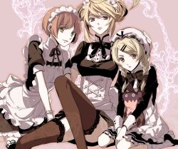  3girls ahoge alternate_costume apron bad_id bad_pixiv_id blonde_hair braid brown_hair colored_eyelashes doll elize_lutus elize_lutus_(maid) enmaided gradient_hair green_eyes green_hair hair_bun hairband izumi_(nagashi) leia_rolando leia_rolando_(maid) maid maid_headdress milla_maxwell milla_maxwell_(maid) multicolored_hair multiple_girls official_alternate_costume pantyhose photoshop_(medium) red_eyes ribbon single_hair_bun sitting tales_of_(series) tales_of_xillia teepo_(tales) thighhighs wariza 